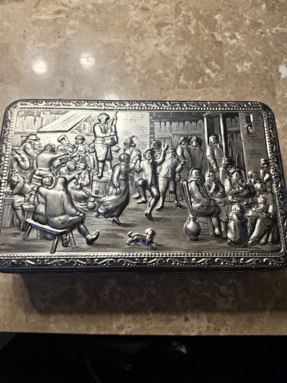 Silver-Tone Embossed Metal Tin - Ornate Village Scene